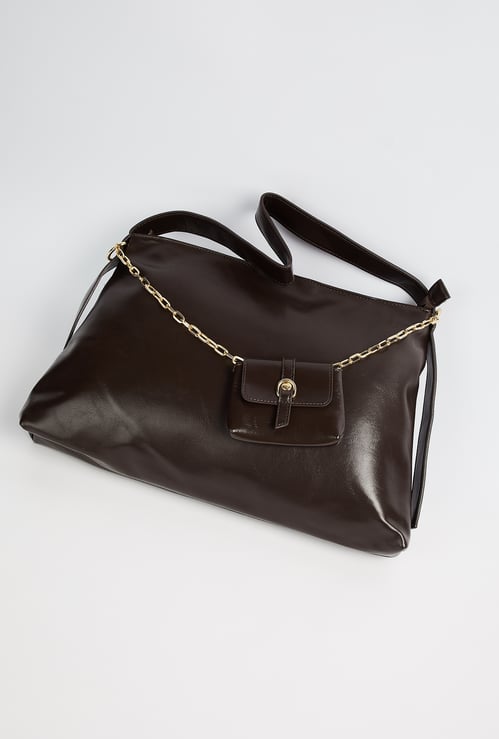 Women Solid Handheld Bag with Attached Pouch