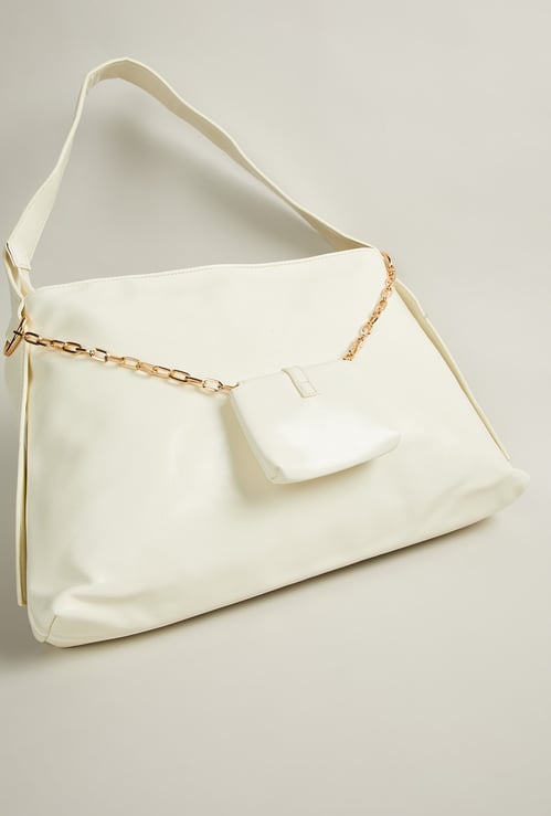 Women Solid Handheld Bag with Attached Pouch