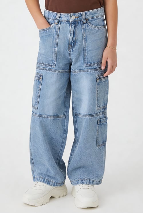 Girls Washed Wide Leg Cargo Jeans