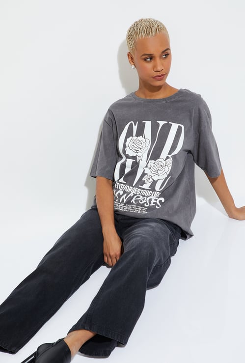 ALAYA F x URB_N Women Guns & Roses Print Oversized T-shirt