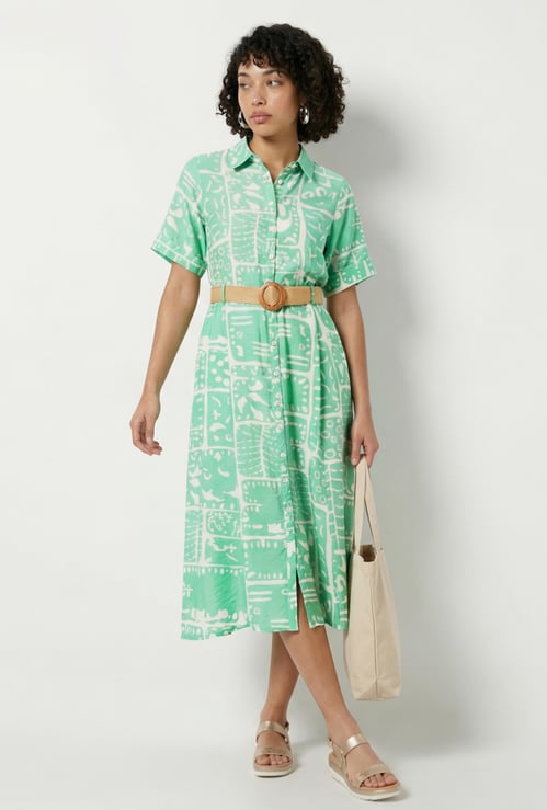 Women Printed Shirt Dress with Belt