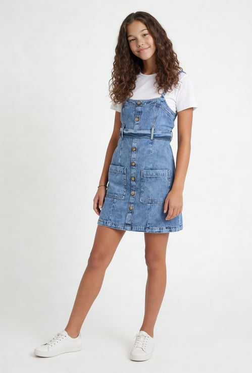 Girls Washed Denim Dungaree Dress with T-shirt