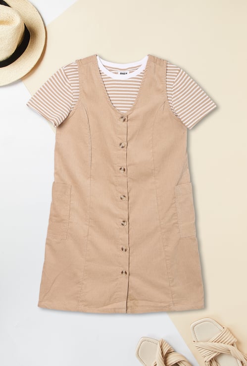 Girls Solid Pinafore Dress with T-shirt