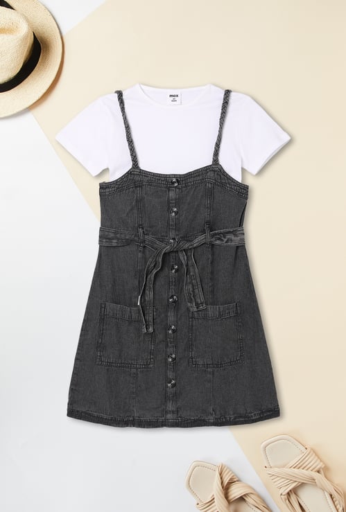 Girls Denim Pinafore Dress with T-shirt