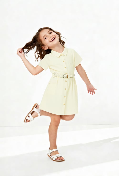 Girls Solid Shirt Dress with Belt