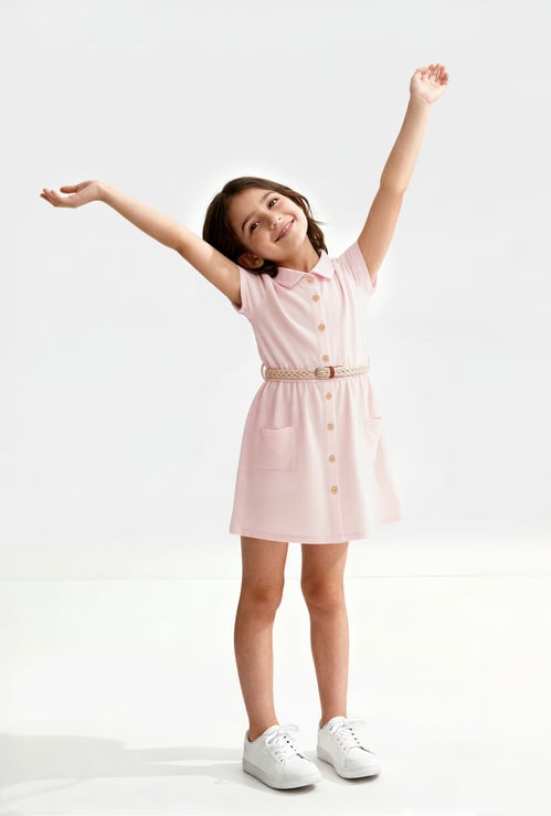 Girls Solid Shirt Dress with Belt