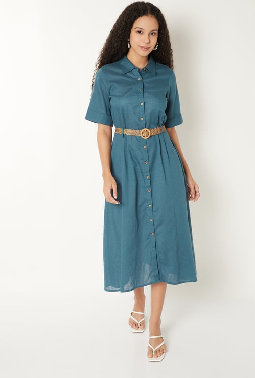Kalki x Max Women Solid Shirt Midi Dress with Belt