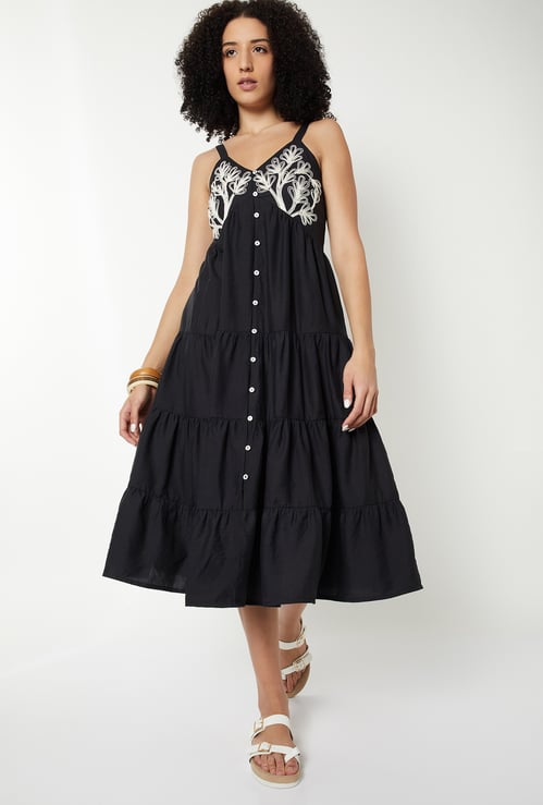 Women Embroidered Tiered Midi Dress