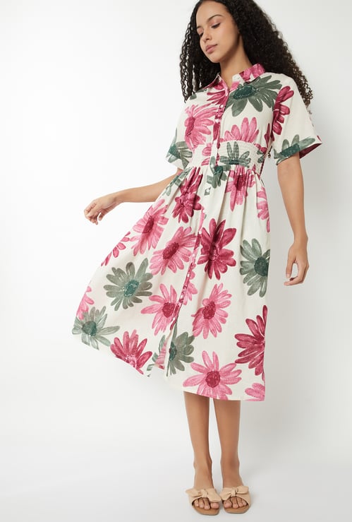 Women Floral Print Midi Shirt Dress