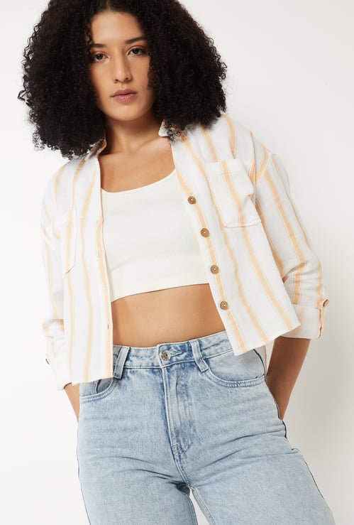 Women Striped Boxy Fit Crop Shirt