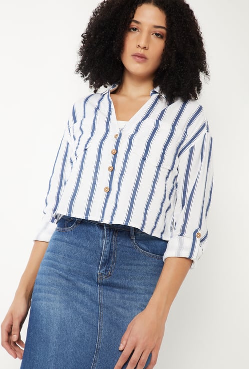 Women Striped Boxy Fit Crop Shirt