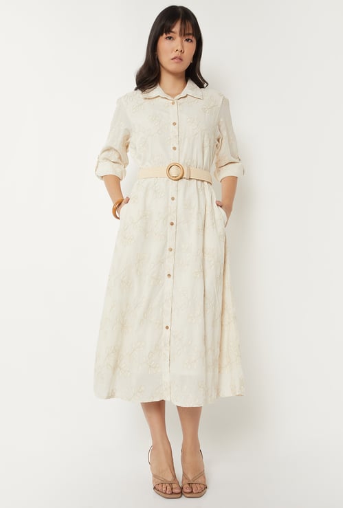 Women Embroidered Shirt Dress with Belt