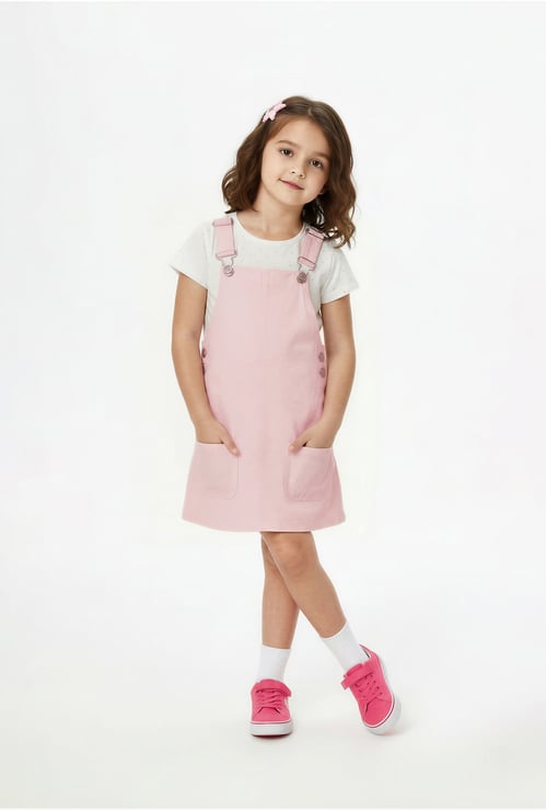 Girls Solid Pinafore Dress with T-shirt