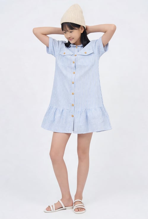 Girls Striped Seersucker Shirt Dress