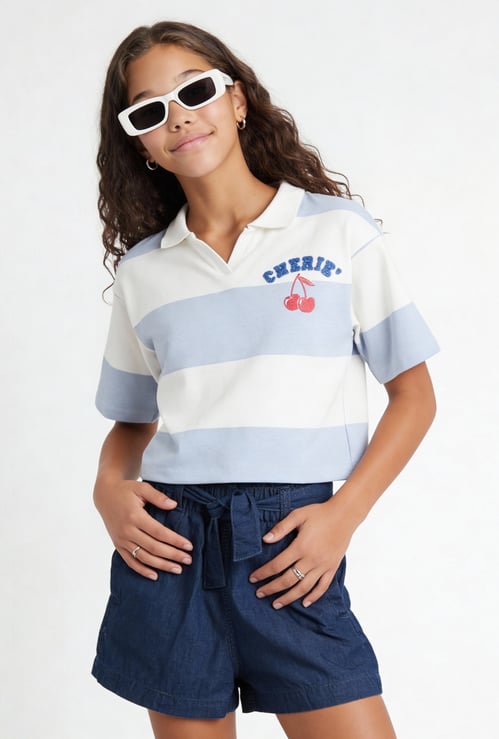 Girls Striped Johnny Collar T-shirt
