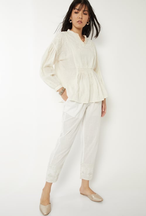 Women Embroidered Hem Straight Pants
