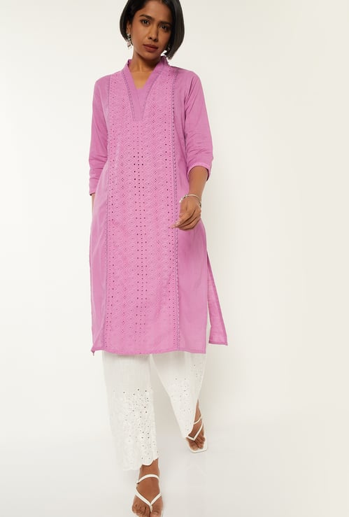 Women Schiffli Straight Kurta