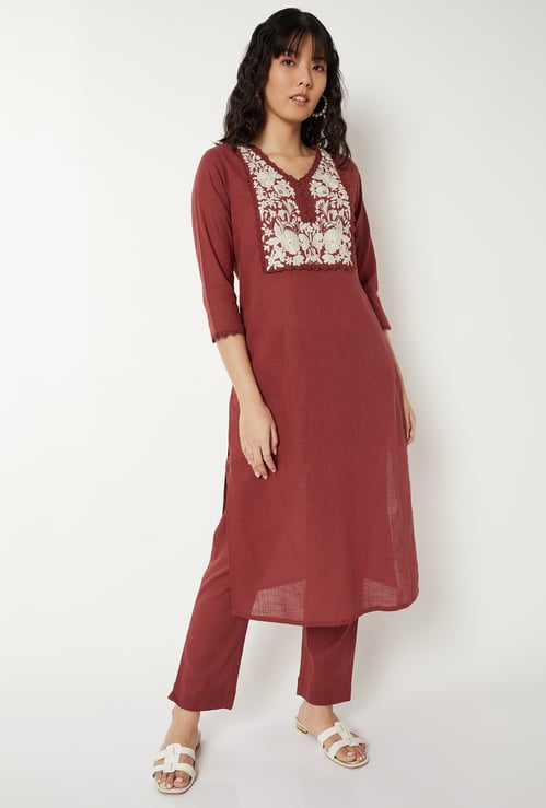 Women Embroidered Straight Kurta Set