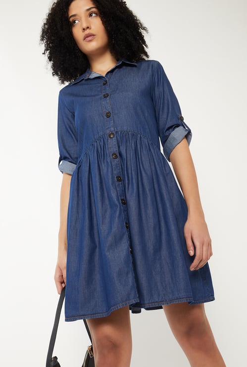 Women Washed Denim Shirt Dress