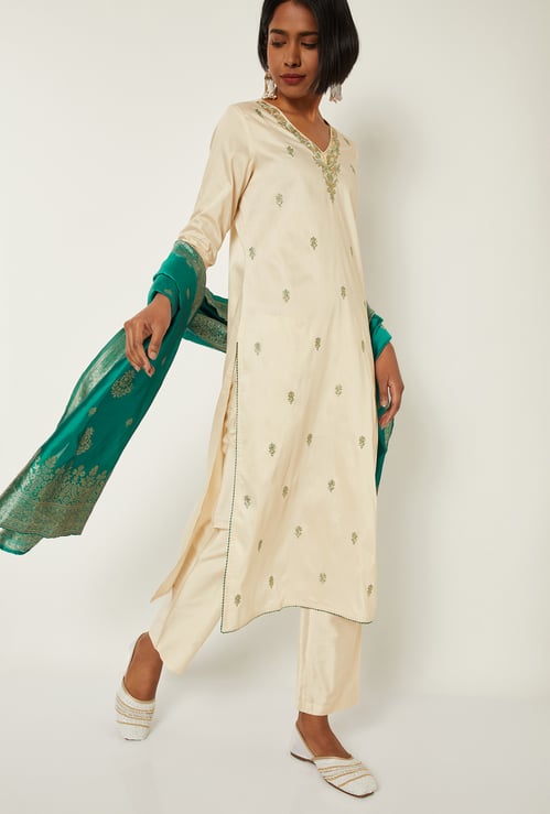 Women Embroidered A-line Kurta Set with Dupatta