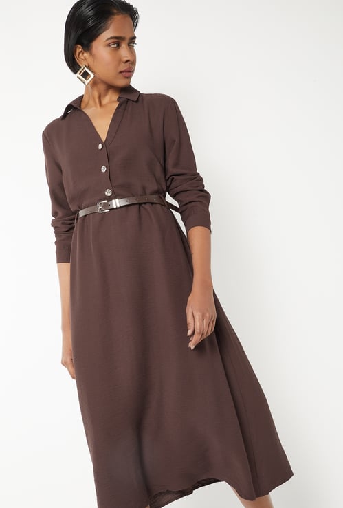 Women Solid Belted Shirt Dress
