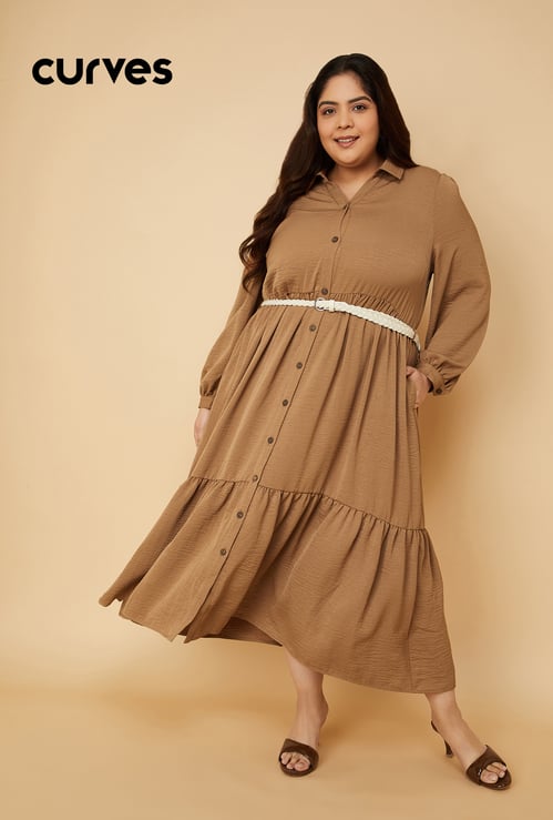 Women Textured A-line Tiered Shirt Dress with Belt