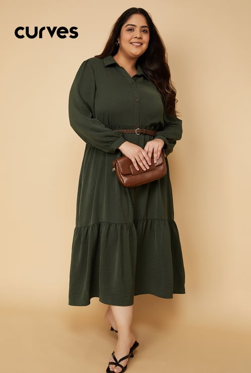 Women Textured A-line Tiered Shirt Dress with Belt