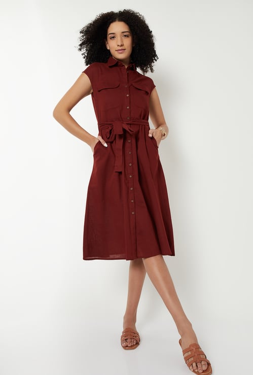 Women Solid Shirt Dress with Belt
