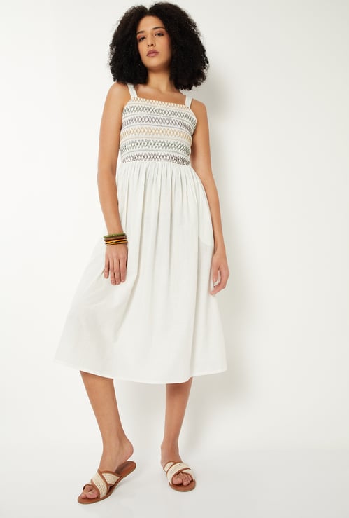 Women Smocked A-line Midi Dress