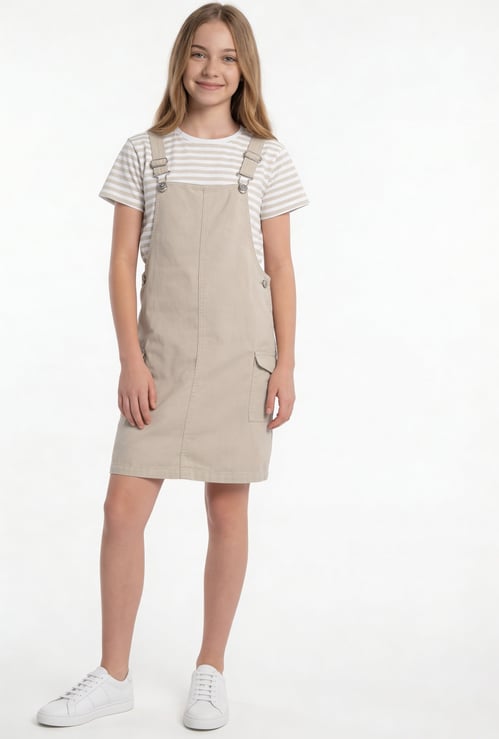 Girls Solid Pinafore Dress with T-shirt