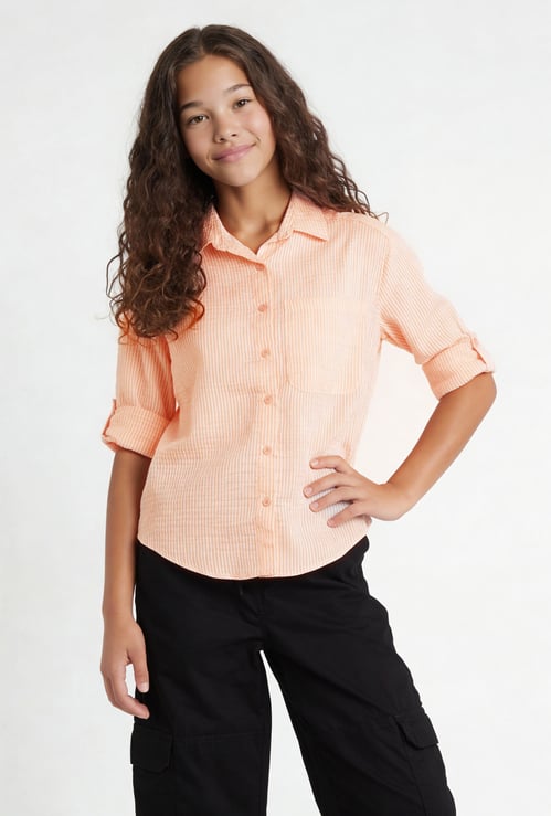 Girls Striped Oversized Shirt with T-shirt