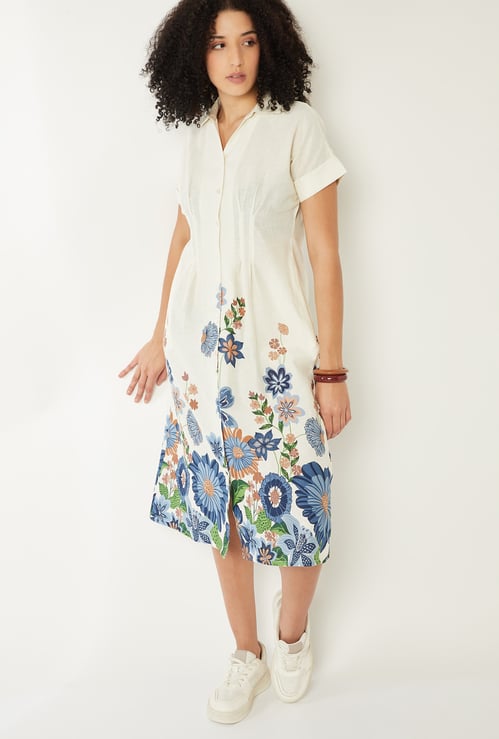 Women Floral Print Shirt Dress