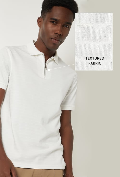 Men Textured Zipper Polo T-shirt