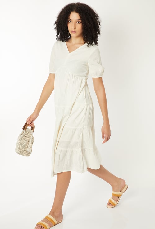 Women Seersucker Tiered Dress