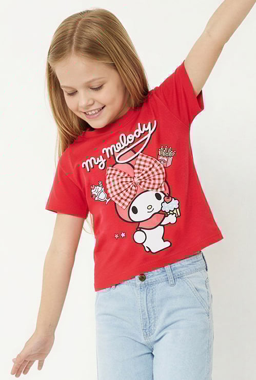 Girls My Melody Print Bow Applique T-shirt