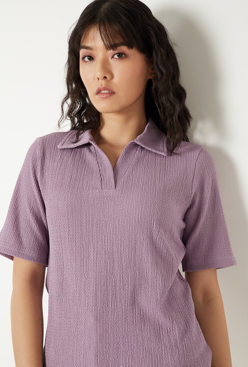 Women Textured Johnny Collar T-shirt