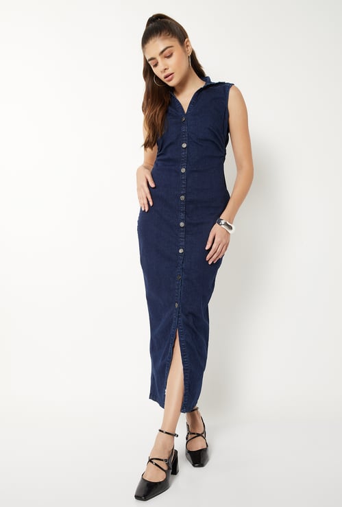 Women Ruched Denim Shirt Dress