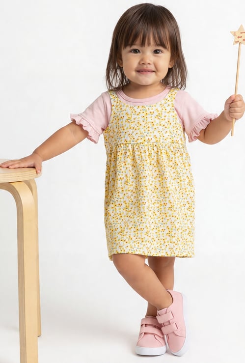 Girls Floral Print Pinafore Dress with Top