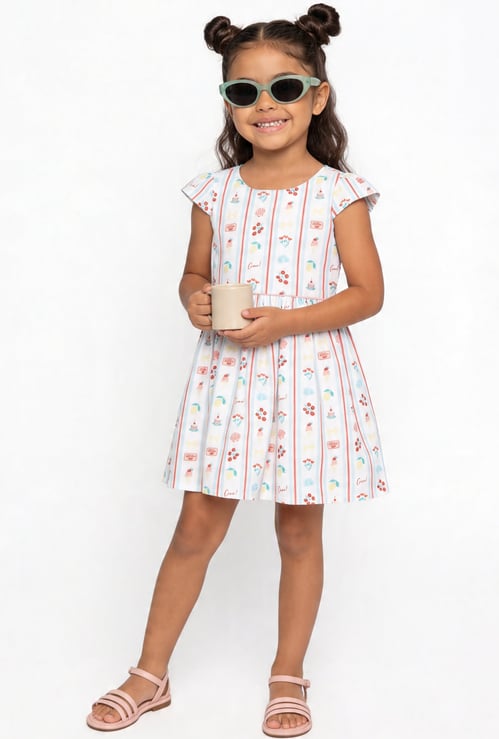 Girls Printed Cap Sleeve Dress