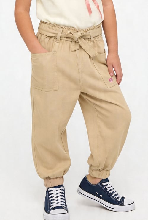 Girls Solid Joggers with Belt
