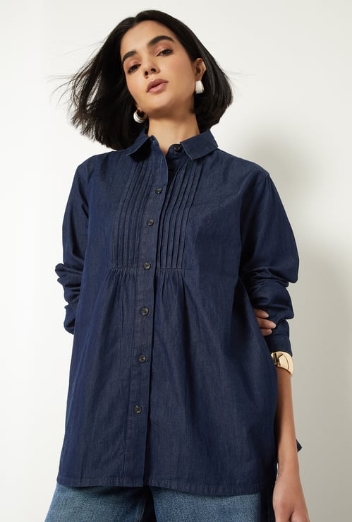 Women Pintuck Denim Shirt