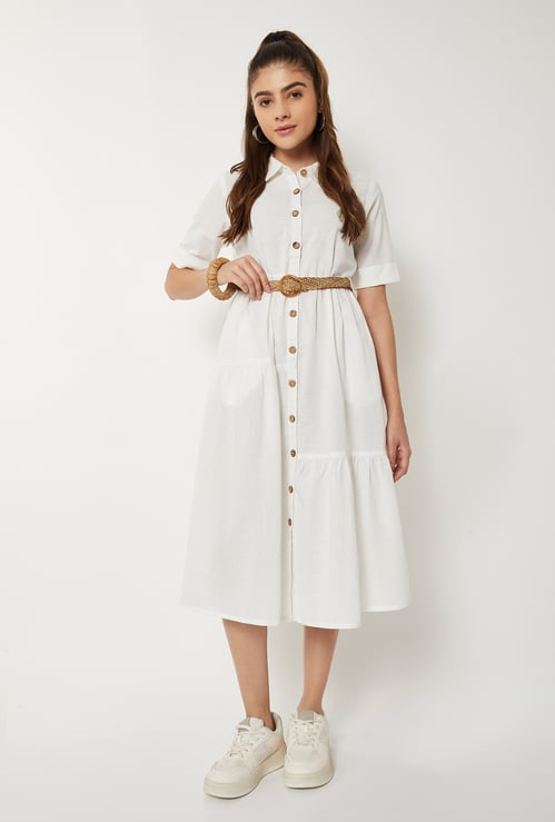 Women Solid Belted Shirt Dress