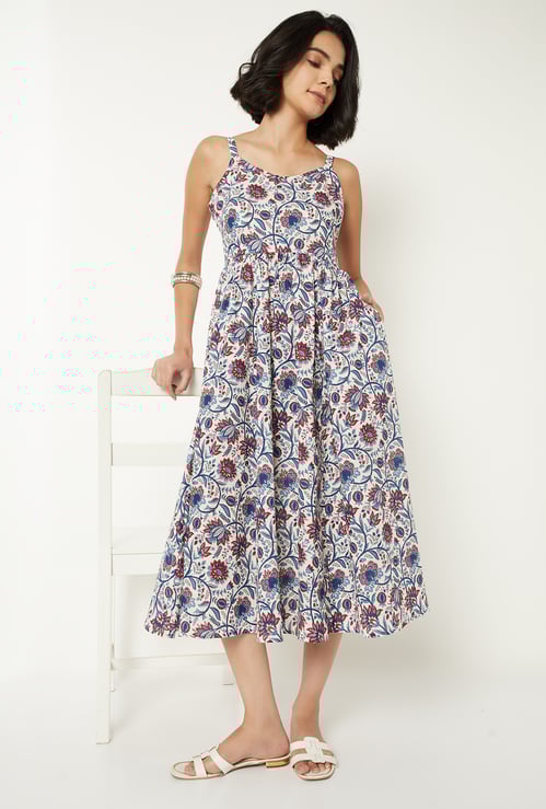 Women Floral Print A-line Midi Dress