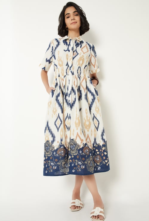 Women Printed Smocked Shirt Dress