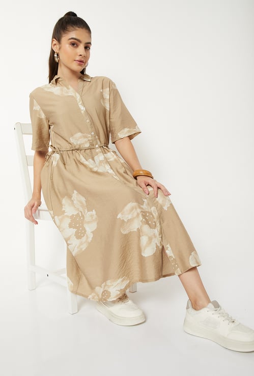 Women Floral Print Shirt Dress