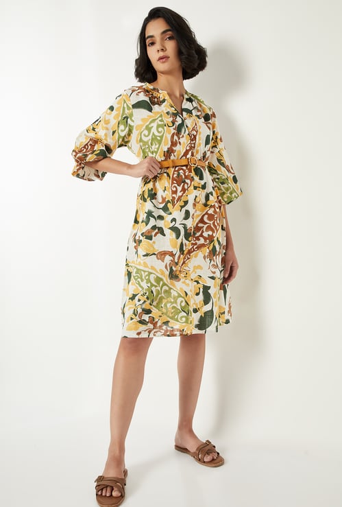Women Printed A-line Dress with Belt