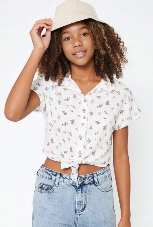 Girls Printed Seersucker Tie-up Shirt