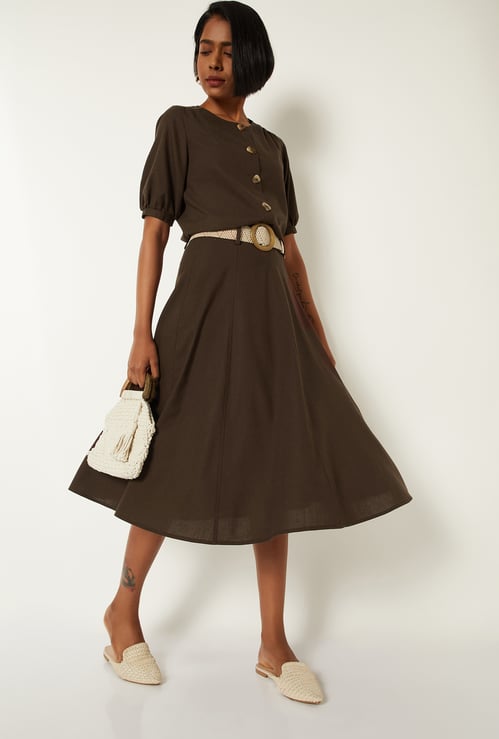 Women Solid Midi Skirt with Belt