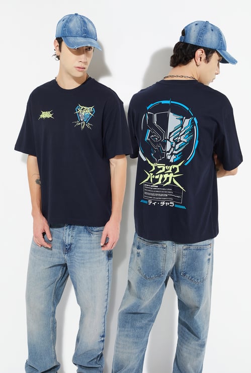 URB_N Men Black Panther Print Oversized T-shirt