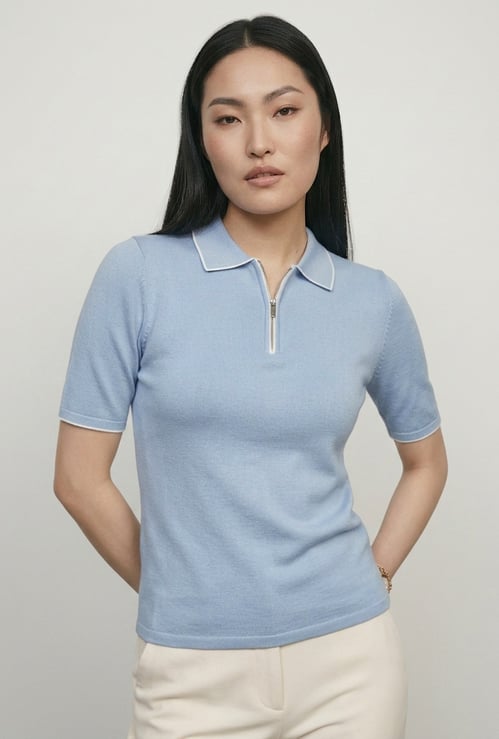 Women Knit Polo T-shirt with Contrast Collar
